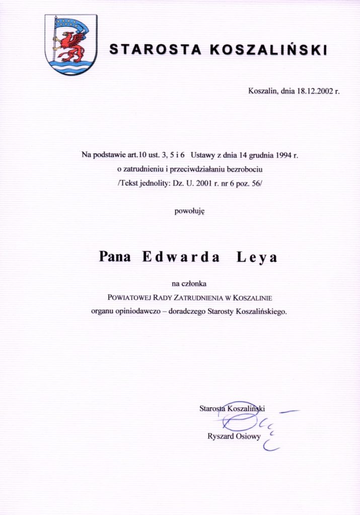 Nominacja do Powiatowej Rady Zatrudnienia, Edward Ley