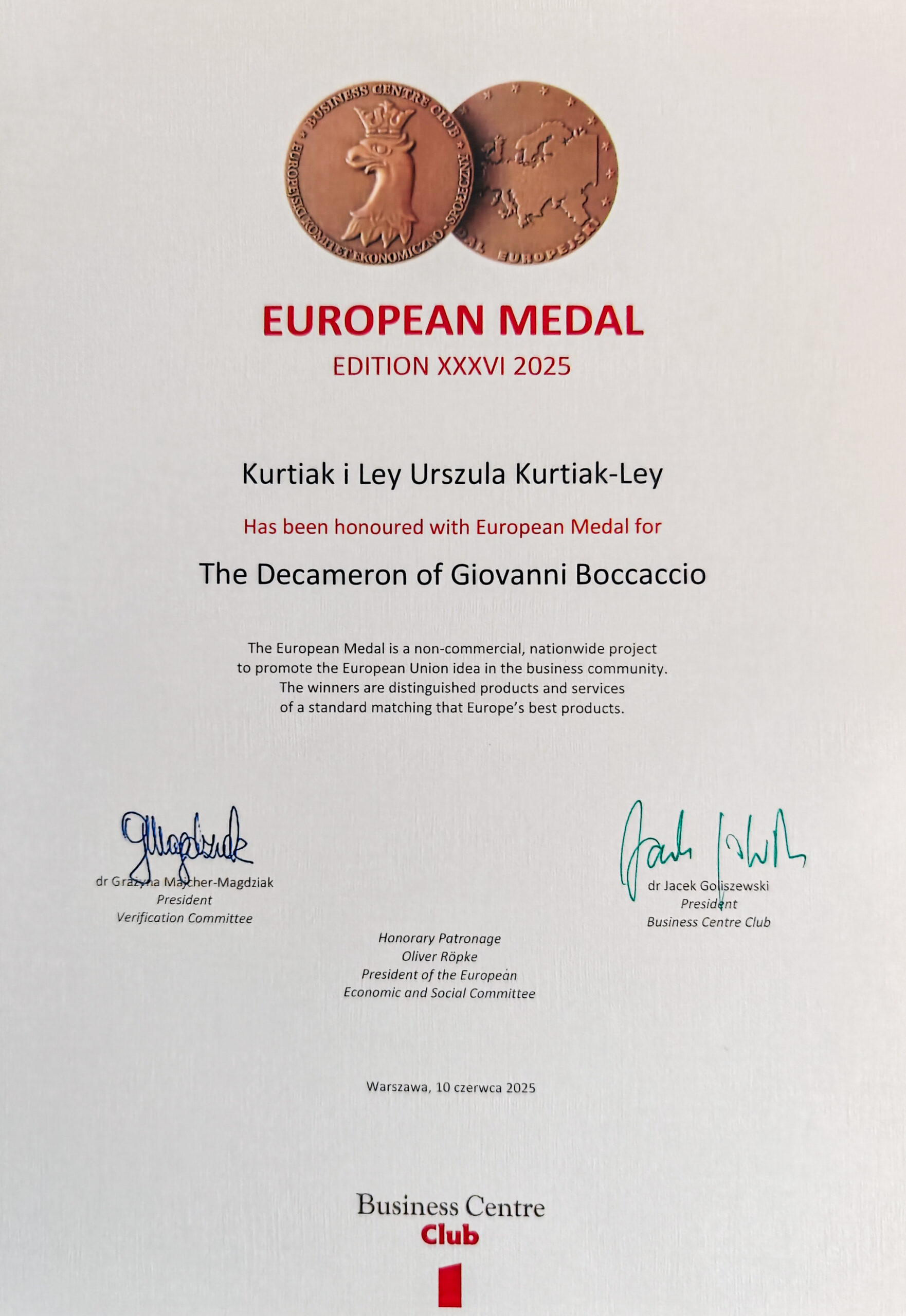 Medal BCC 2025 za Dekameron.