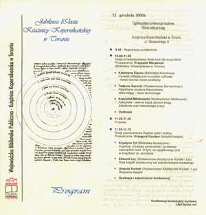 program jubileuszu 85-lecia Książnicy Kopernikańskiej w Toruniu